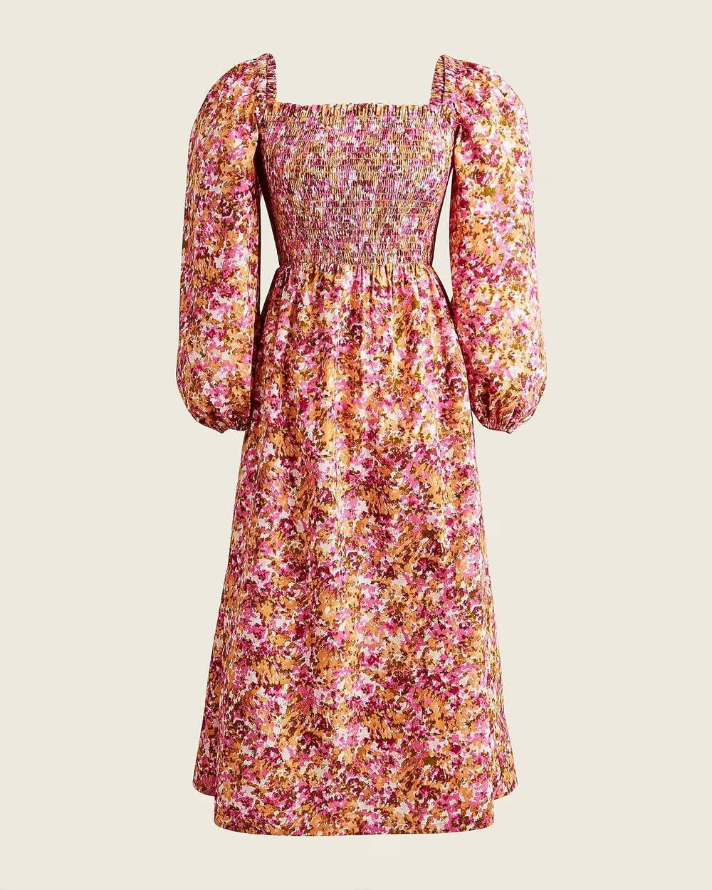 J.Crew Smocked Puff-Sleeve Midi Dress in Faded Floral Pink Medium